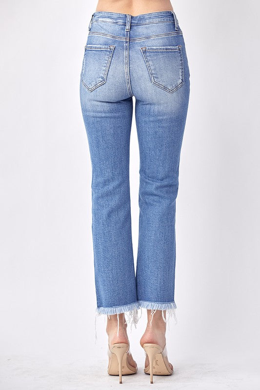 Straight To The Point - Mid Rise Raw Hem Straight Leg Jeans
