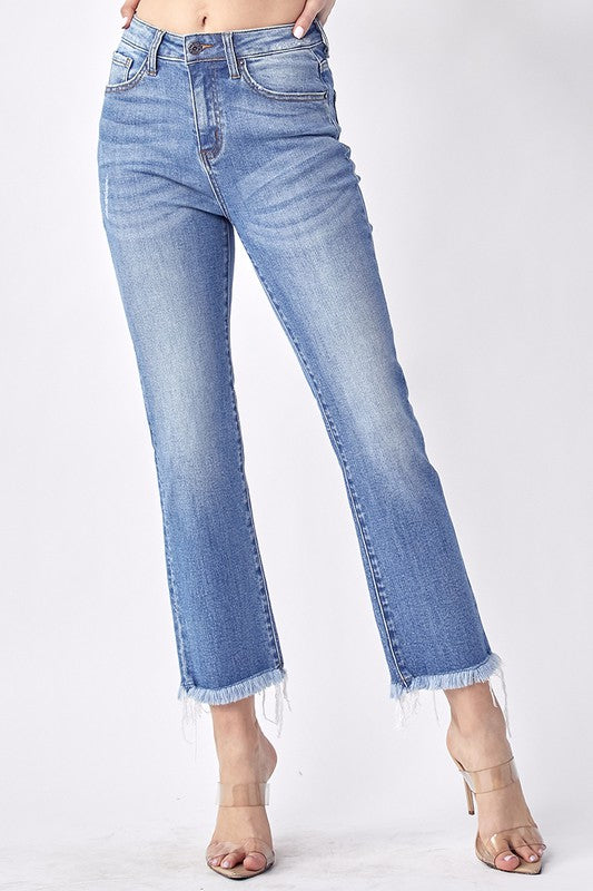 Straight To The Point - Mid Rise Raw Hem Straight Leg Jeans