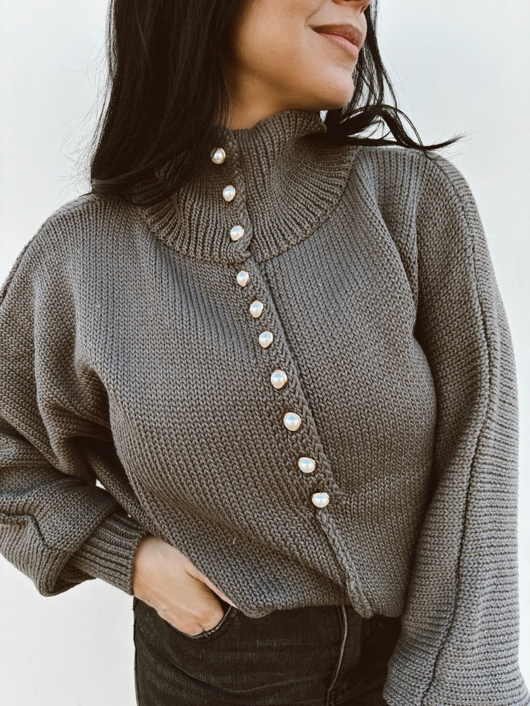 Pearlfectly Yours - Pearl Button Mock Neck Sweater