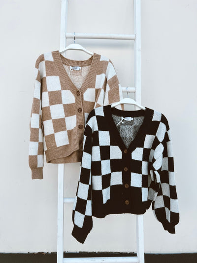 Checking On You - Checkered V-Neck Long Sleeve Cardigan