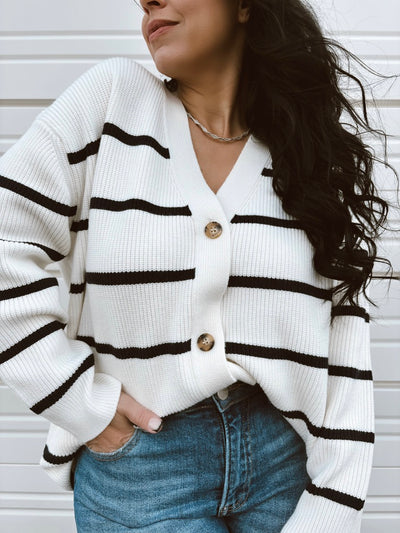 Lost In A Novel - L/S Striped Button Down Cardigan