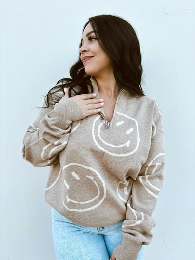 Always Smiling - Smiley Graphic Zip Up Sweater