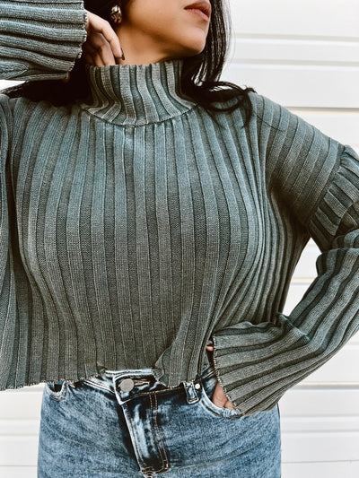 The Love Of Fall - Washed Knit Ribbed Turtleneck Sweater
