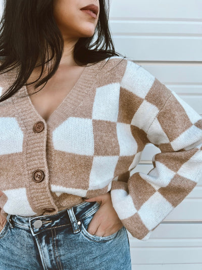 Checking On You - Checkered V-Neck Long Sleeve Cardigan