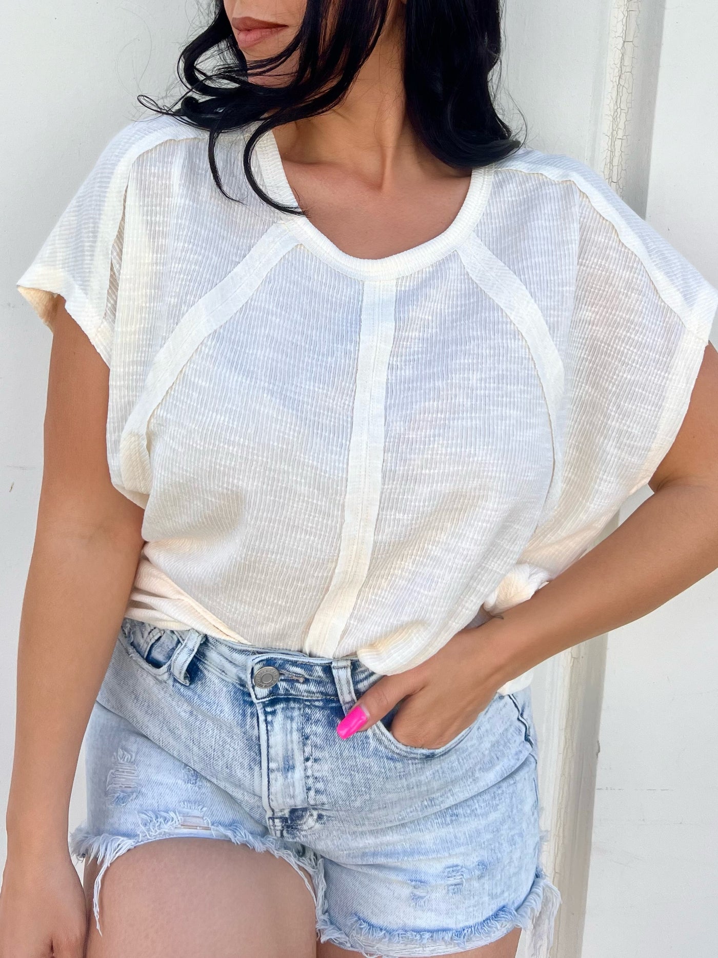 Your Average Gal - Short Sleeve Two-Tone Rib Knit Open Seam Top