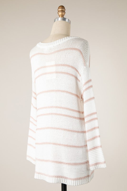 New Feelings - Striped V Neck Cable Knit Sweater