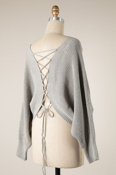 All Tied Up - Dolman Sleeve Back Lace Up Cable Knit Sweater