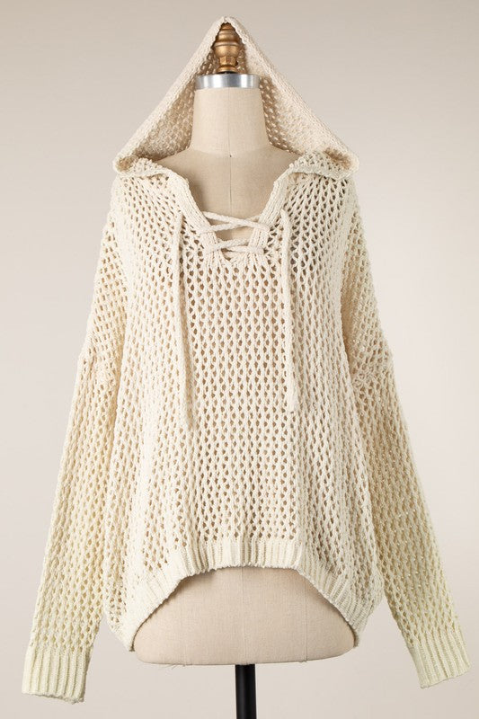 Strolling The Sand - Lace Up Cable Knit Sweater