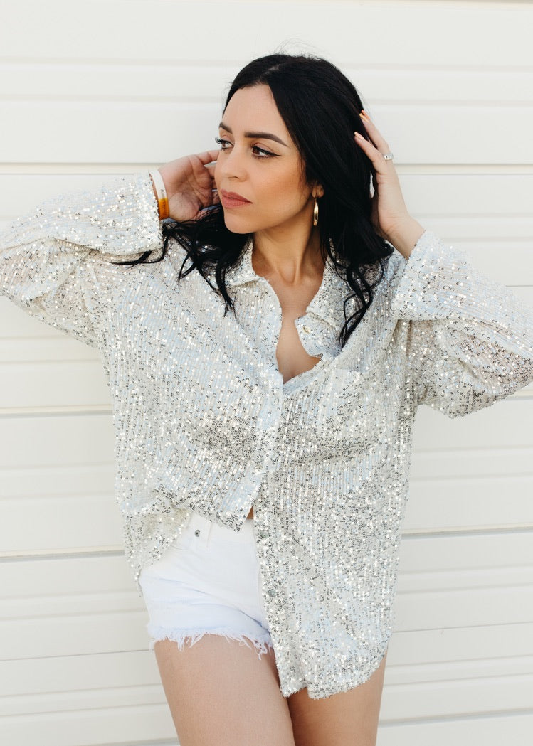 Shimmer Down - Sequin Button Down Top
