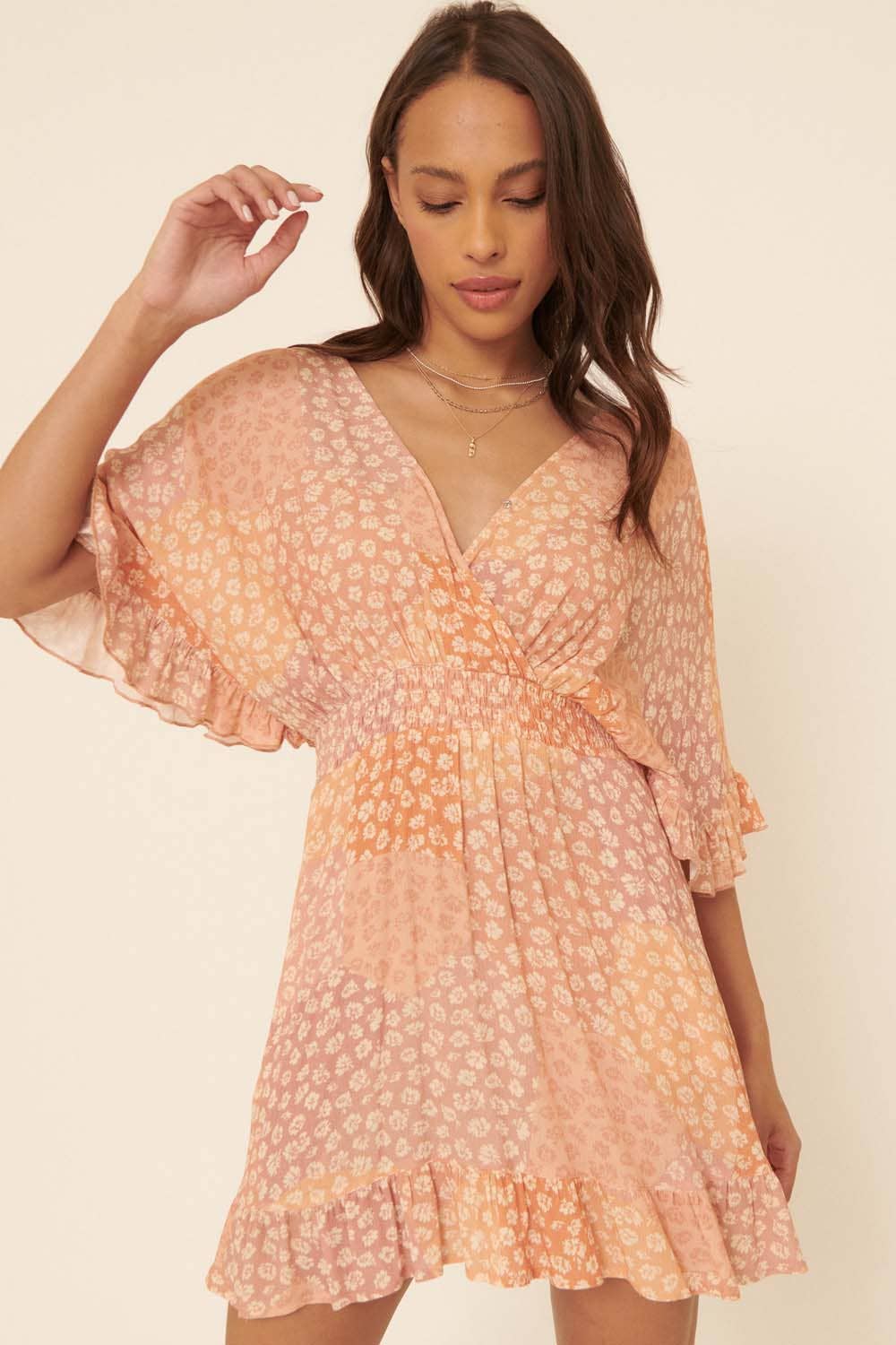 Floral Patch Print Surplice Ruffled Romper