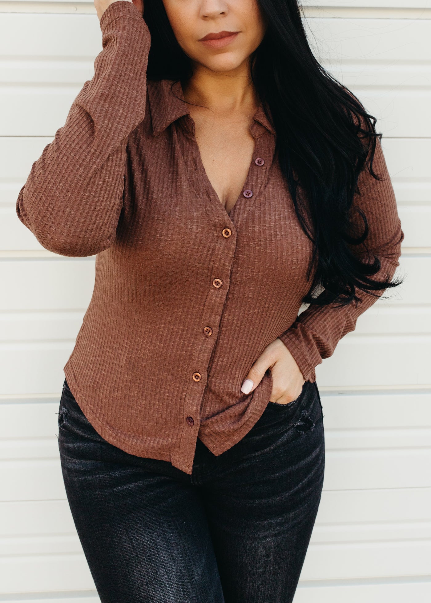 Time To Let Go - Collared Ribbed Button Down Top
